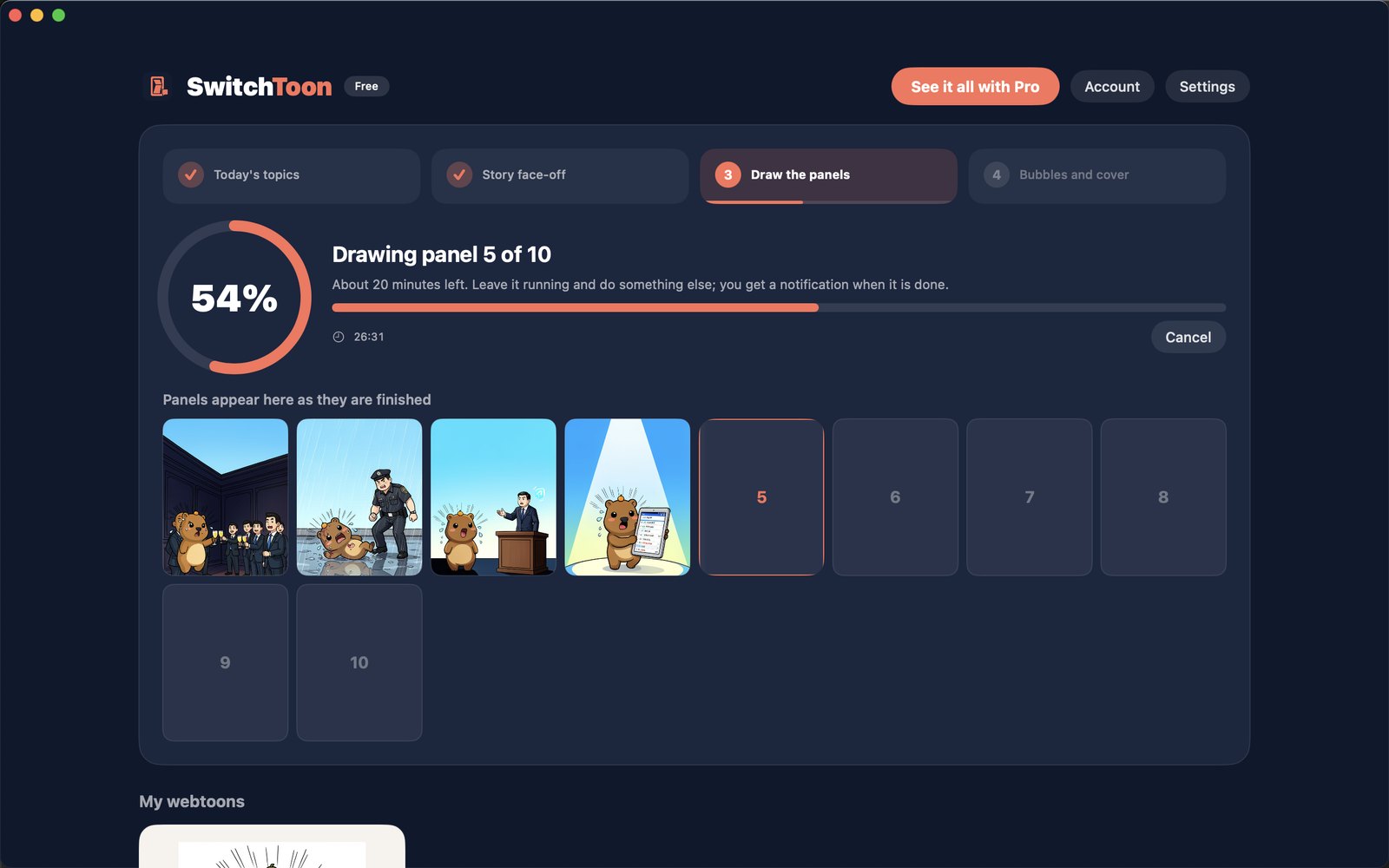 The SwitchToon Mac app while making an episode: four steps, overall progress, minutes left and the panels drawn so far